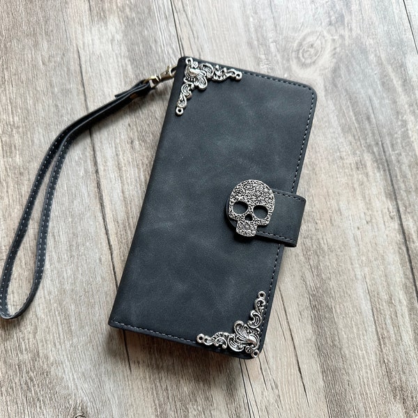 Gothic Skull Zipper leather wallet case for iPhone X XS XR 13 14 pro max 8 7 6 Samsung S22 S21 S20 Ultra S10 S9 S8 Note 20 9 10 Plus MN2787