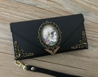 Antique goth skull envelope phone leather wallet case for iPhone X XS XR 13 14 pro max 8 7 Plus Samsung S20 S10 S9 S8 Note 8 9 10 Plus DC019