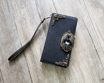 Gothic Skull Black Cat Zipper leather wallet case for iPhone X XS XR 11 12 13 14 Pro Max Samsung S22 S21 S20 Ultra Note 20 10 Plus MN2728
