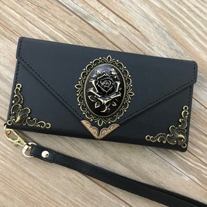 Gothic Floral Rose phone leather wallet case for iPhone X XS XR 11 12 13 14 Pro Max Plus Samsung S21 S20 S10 S9 S8 Note 20 9 10 Plus MN0750