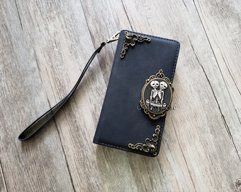 Gothic Twin Skull Zipper leather wallet case for iPhone X XS XR 13 14 pro max 8 7 6 Samsung S21 S20 Ultra S10 S9 S8 Note 20 9 10 Plus MN2585