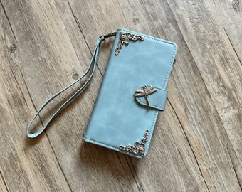 Dragonfly Zipper leather wallet phone case for iPhone 15 Pro Max Samsung Galaxy S24 Plus Ultra Z Fold 5 MN2926