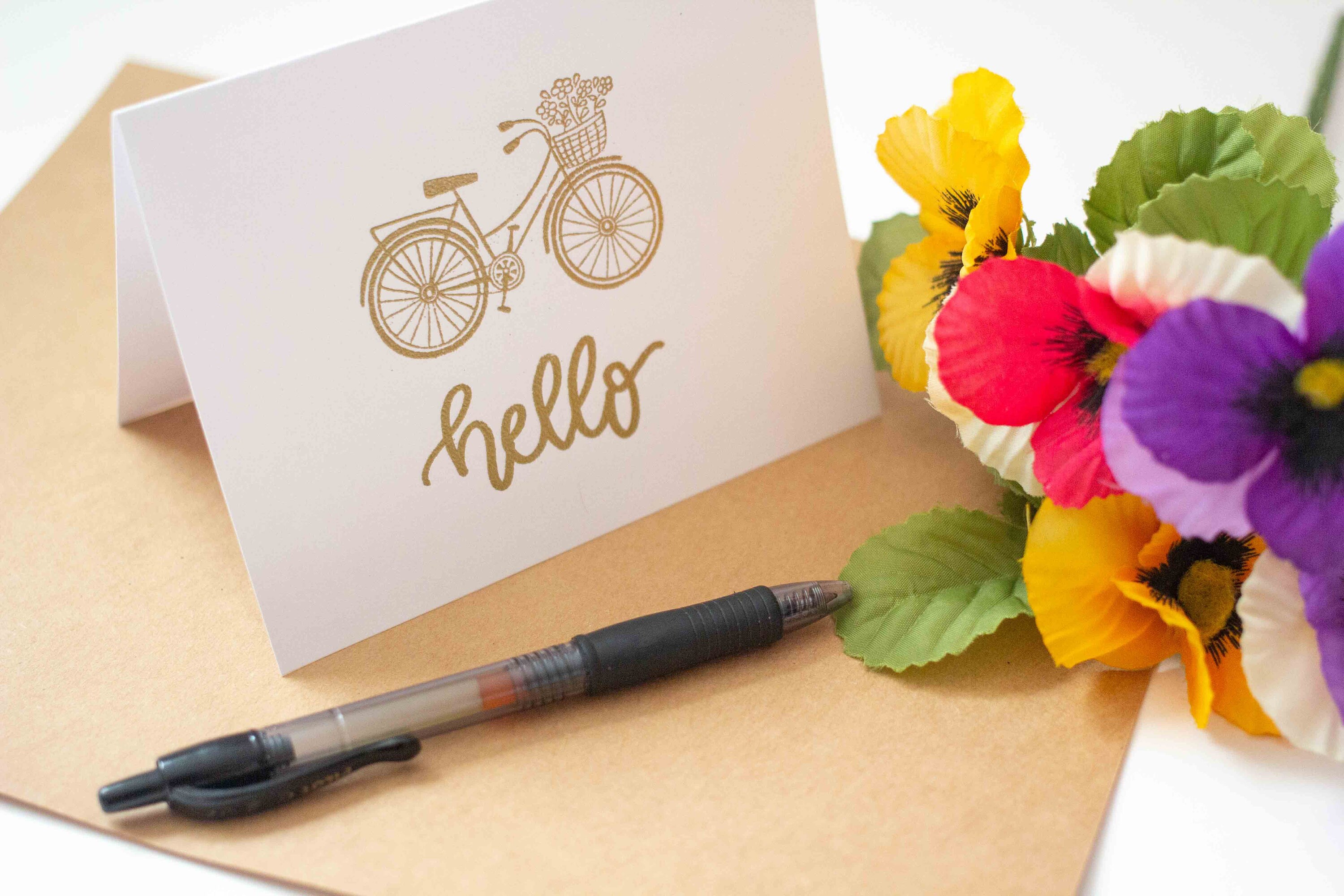 Hello Bicycle - Hand Lettered Gold Embossed Greeting Card - Etsy