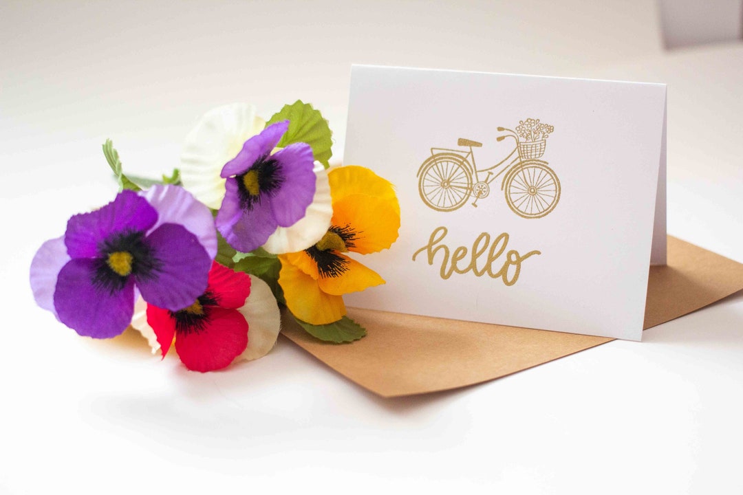 Hello Bicycle - Hand Lettered Gold Embossed Greeting Card - Etsy