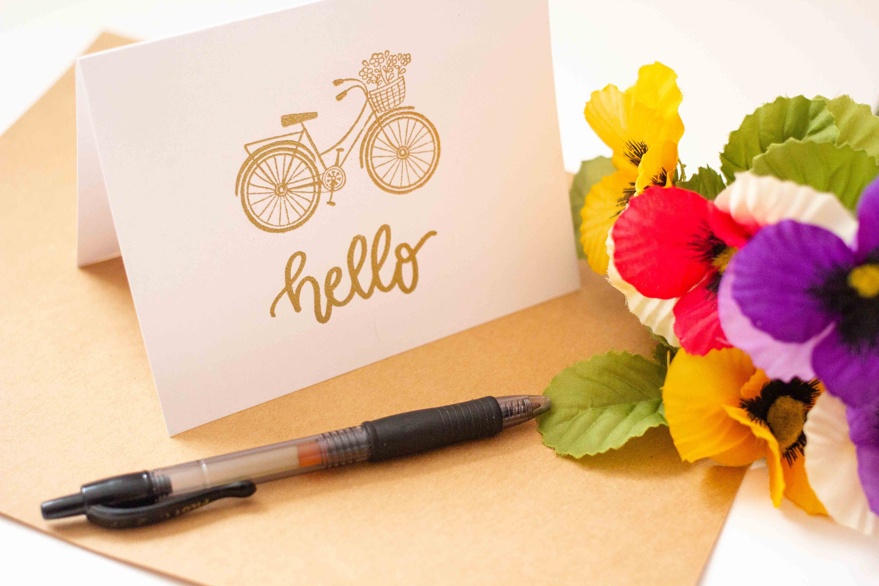 Hello Bicycle - Hand Lettered Gold Embossed Greeting Card - Etsy