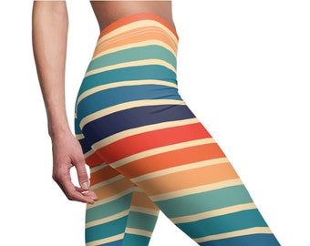 Oranje blauwe streep dameslegging, gestreepte legging, retro legging, plus size legging, tienerlegging