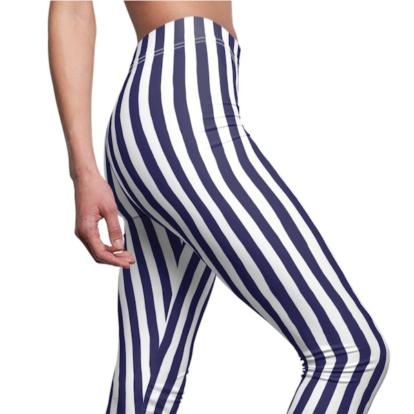 Navy Blue White Striped Leggings, Stripe Stretch Pants, Womens Leggings, Plus Size Leggings, Teen Leggings