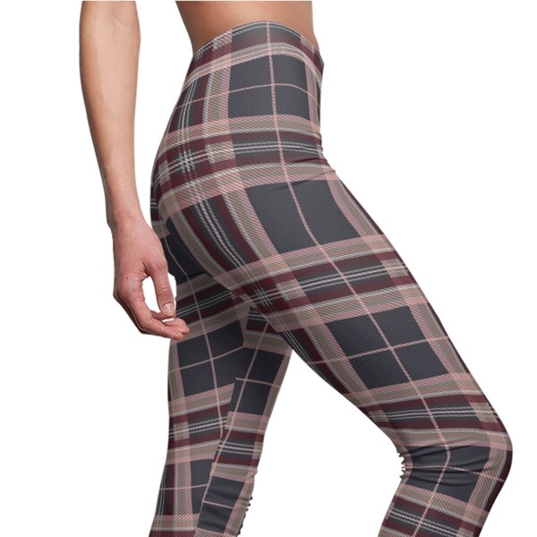 Gray Pink Plaid Womens Leggings, Tartan Stretch Pants, Teen Leggings, Plus Size Leggings