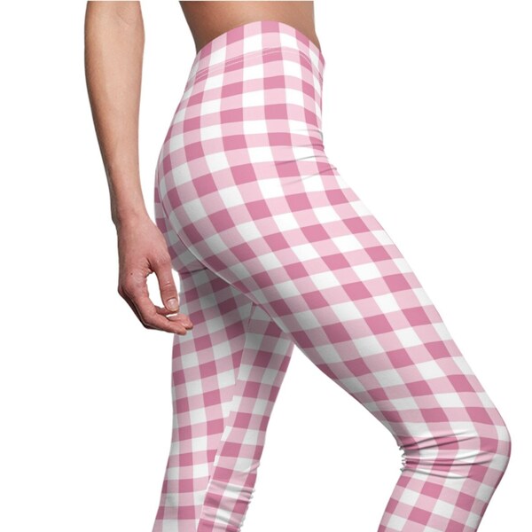 Pink White Gingham Womens Leggings, Gingham Stretch Pants, Teen Leggings, Plus Size Leggings