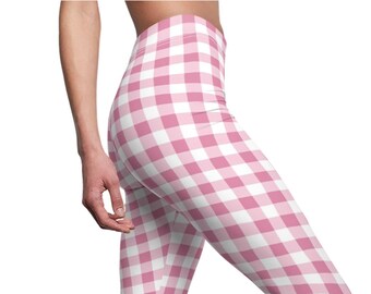 Pink White Gingham Womens Leggings, Gingham Stretch Pants, Teen Leggings, Plus Size Leggings