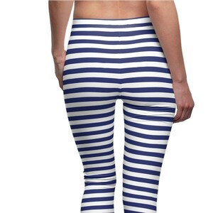 Navy White Striped Leggings, Horizontal Stripe Leggings, Stripes Stretch Pants, Yoga Pants, Stripes Leggings