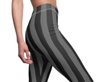 Black Gray Wide Striped Leggings, Stripe Leggings, Stretch Pants, Yoga Pants, Stripes Leggings