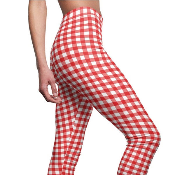 Red White Gingham Leggings, Plaid Leggings, Gingham Stretch Pants, Teen Leggings, Plus Size Leggings