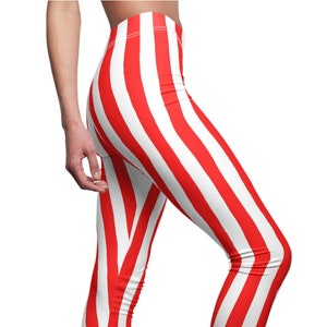 Red White Wide Striped Womens Leggings, Red Stripe Leggings, Yoga Stretch Pants, Teen Leggings, Plus Size Leggings