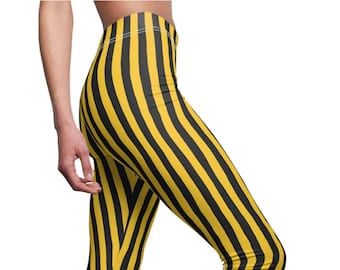 Black Yellow Vertical Striped Womens Leggings, Stripe Leggings, Stretch Pants, Plus Size Leggings, Teen Leggings