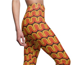 Brown Orange Retro Womens Leggings, Hippy 70s Leggings, Mid Century Leggings, Teen Leggings, Plus Size Leggings