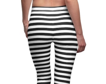 Black White Striped Leggings, Horizontal Stripe Leggings, Stretch Pants, Yoga Pants, Stripes Leggings