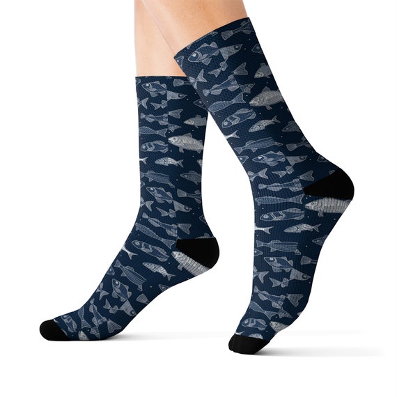Blue Fish Socks, Ocean Socks, Fishing Socks, Nautical Socks, Womens Socks, Mens  Socks 