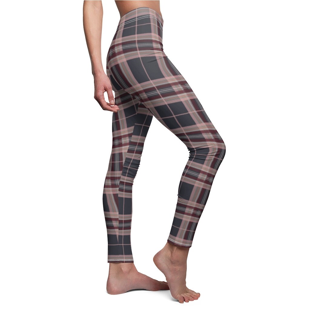 Gray Pink Plaid Leggings Plaid Stretch 