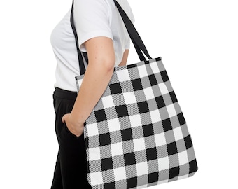 Black White Buffalo Plaid Tote Bag, Plaid Carryall, Reusable Shopping Bag, Personalized Gift