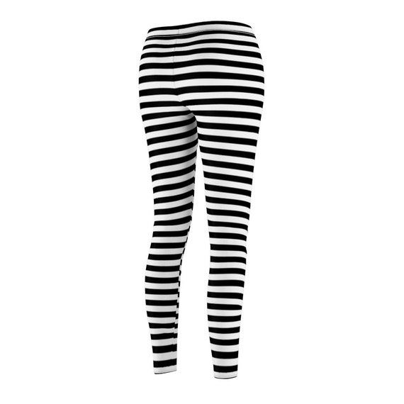 Black White Striped Leggings, Horizontal Stripe Leggings, Stretch