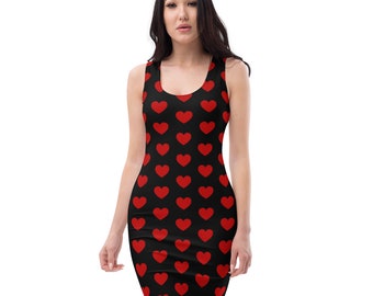 Black Red Heart Dress, Valentines Womens Dress, Body Con Dress, Fitted Dress, Valentines Gift