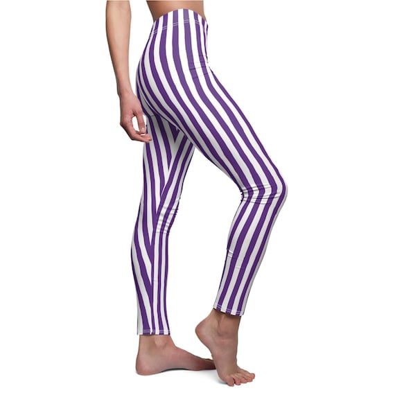 Dark Purple White Striped Womens Leggings, Stripe Leggings