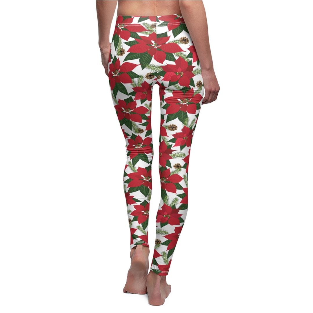 Poinsettia Christmas Womens Leggings, Christmas Yoga Pants, Flower ...