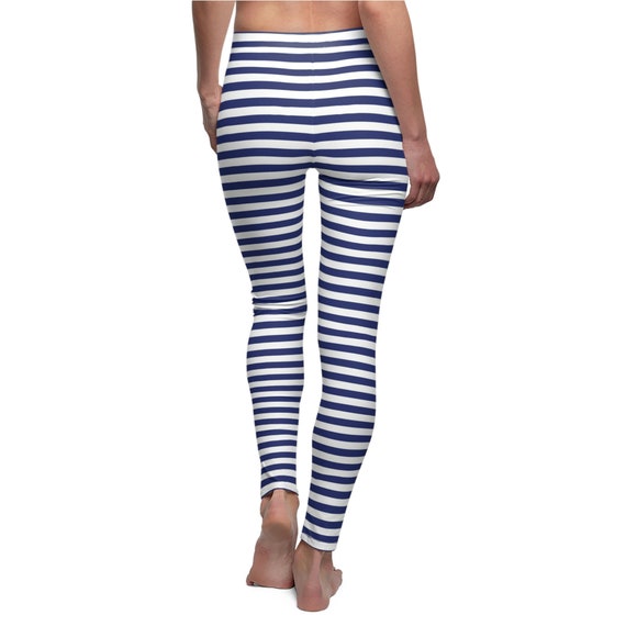 Navy White Striped Leggings, Horizontal Stripe Leggings, Stripes