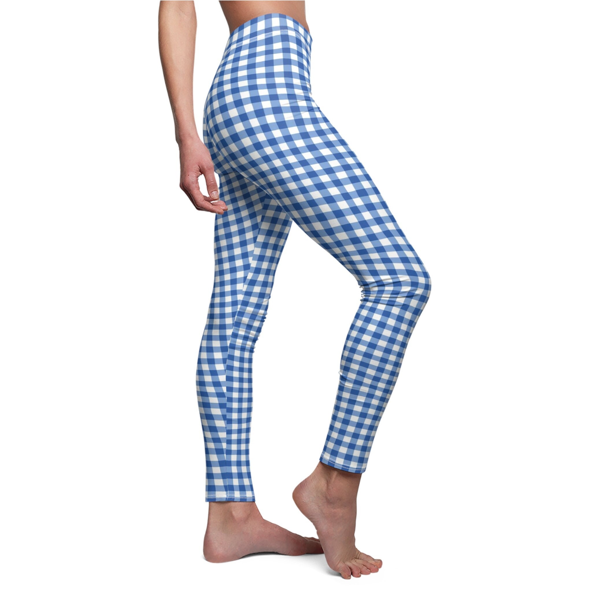 Blue White Gingham Leggings, Plaid Leggings, Plaid Stretch Pants