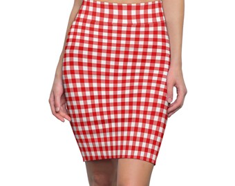 Red White Gingham Plaid Skirt, Plaid Stretch Skirt, Womens Skirt, Pencil Skirt, Gift For Her