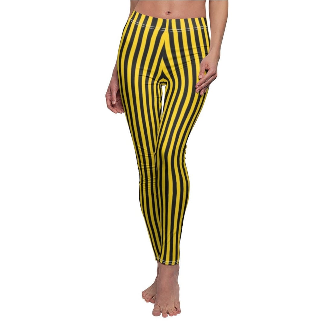 Black Yellow Striped Leggings, Vertical Stripe Leggings, Stretch