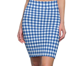 Blue Gingham Plaid Womens Skirt, Plaid Stretch Skirt, Pencil Skirt, Plus Size Skirt, Teen Skirt