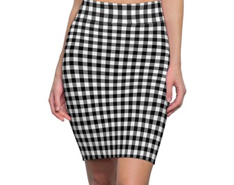 Black White Gingham Plaid Womens Skirt, Teen Stretch Skirt, Plus Size Skirt  Pencil Skirt, Gift For Her