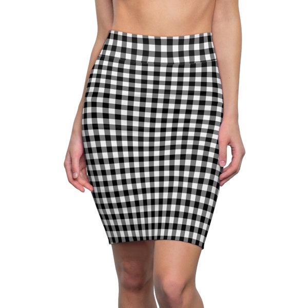 Black White Gingham Plaid Womens Skirt, Teen Stretch Skirt, Plus Size Skirt  Pencil Skirt, Gift For Her