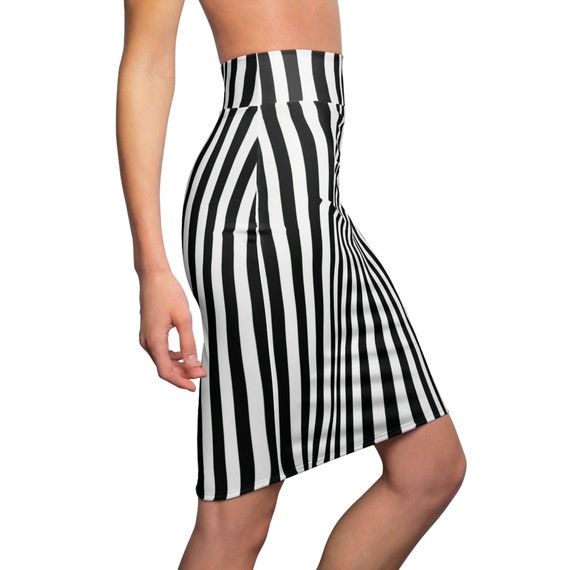 Knee length black cheap and white striped skirt
