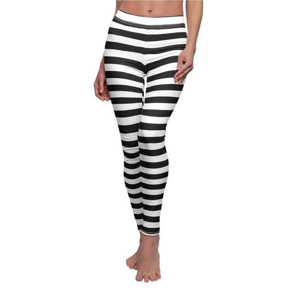 Black White Striped Womens Leggings, Horizontal Stripe Leggings