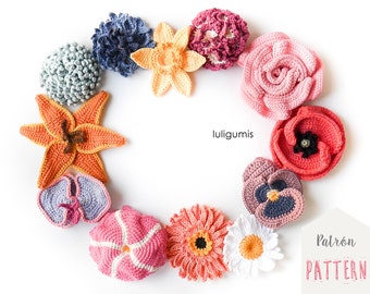 Crochet pattern flower appliques crochet pattern spring crochet pattern poppy, crochet pattern rose, crochet pattern daisy