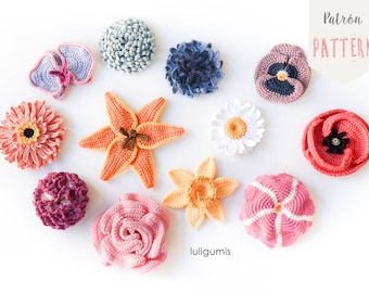 Flowers crochet pattern appliques spring crochet pattern poppy, crochet pattern rose, crochet pattern daisy
