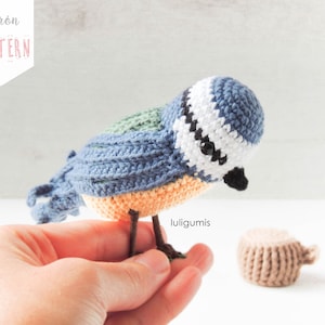 Op de afbeelding: Een gehaakte blauwe vogel met een wit-zwart gestreept hoofd, groene vleugels en een oranje borst. De vogel zit in een hand.