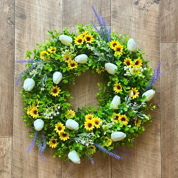 Handcrafted Spring Floral Wreath - Sunflower and Tulips