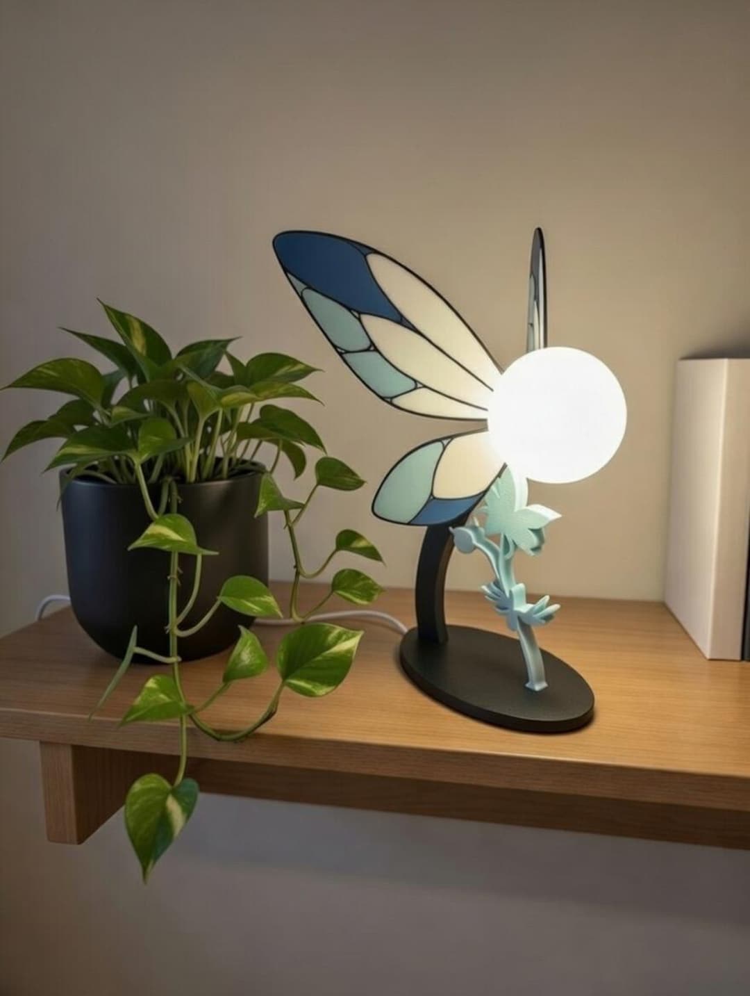 Zelda Navi Fairy Lamp | Stained Glass Style Wings, 3D Printed Desk Light - Blue/Sky Blue
