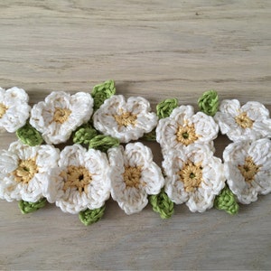 Op de afbeelding: Een krans van gehaakte witte bloemen met gele centra en groene bladeren. De bloemen zijn verbonden door een wit gehaakt touw.