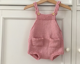 Handknit Romper with Pockets Crochet detail on straps Classic Baby Overalls Cuddle and Kind Harper Bunny Outfit Pink Cotton