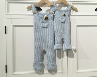 Cotton Handknit Ribbed Overalls with Crochet Bee Blueberries Light Blue Cuddle + Kind Honey Bear Asher Cow Outfit Girl Boy Baby Gift Basket
