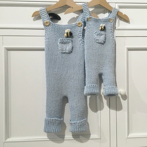 Cotton Handknit Ribbed Overalls with Crochet Bee Blueberries Light Blue Cuddle + Kind Honey Bear Asher Cow Outfit Girl Boy Baby Gift Basket