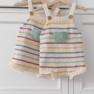 Soft Cotton Handknit Rainbow Romper With Front Pocket Option Jumper Overalls Cuddle and Kind Avery New Baby Gift Basket