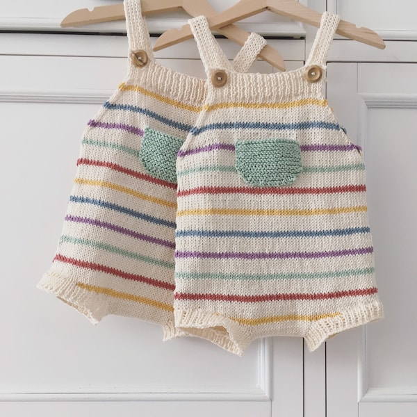 Soft Cotton Handknit Rainbow Romper With Front Pocket Option Jumper Overalls Cuddle and Kind Avery New Baby Gift Basket