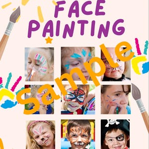 Può includere: Immagine promozionale per servizi di face painting. L'immagine presenta bambini con vari disegni di face painting, tra cui una maschera di Spider-Man, strisce di tigre e un pirata. Le parole "FACE PAINTING" sono visualizzate in modo prominente.