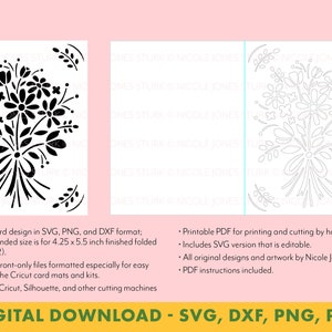 May include: Black and white floral bouquet design in SVG, PNG, DXF, and PDF format. The design is perfect for creating cards, invitations, or other paper crafts. The recommended size is 4.25 x 5.5 inches.